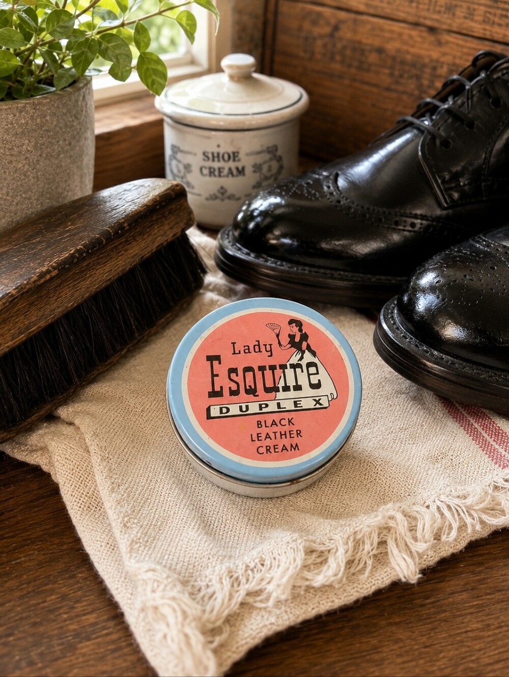 Vintage Lady Esquire Duplex Black Leather Cream Tin | Milk Glass Shoe Polish Jar